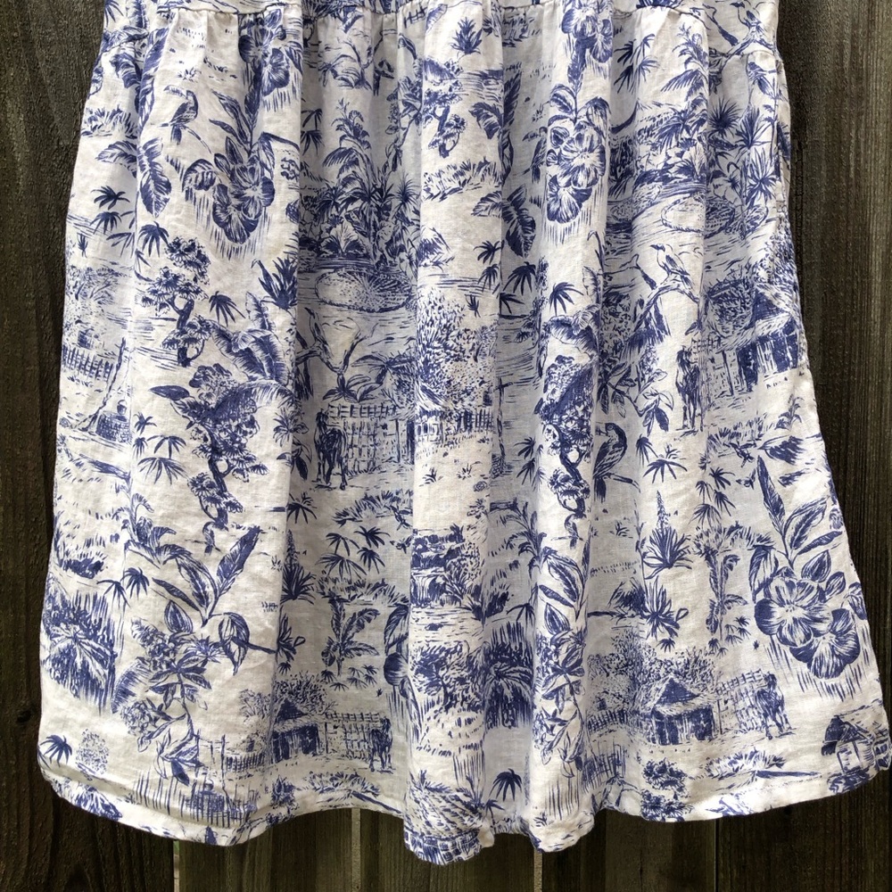 Joie 100% Linen Tropical Toile Midi Skirt Size XL Pockets Blue White Beach - Picture 12 of 15
